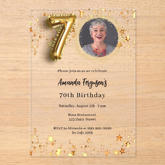 70ste verjaardag gouden foto sterren Clear Acryl Uitnodigingen (Voorkant)