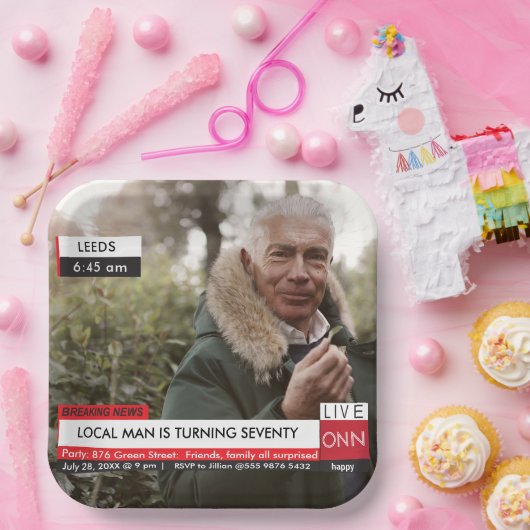 70ste verjaardag Mannen 🎉 Grappig TV Nieuws Fake  Papieren Bordje (Feest)
