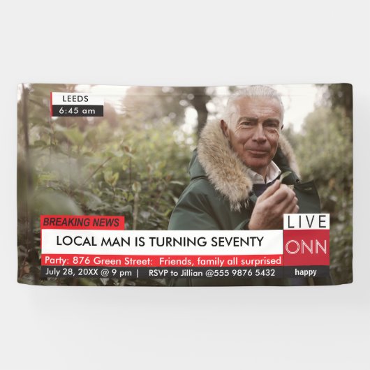 70ste verjaardag Mannen 🎉 Grappig TV Nieuws Fake Spandoek (Horizontaal)