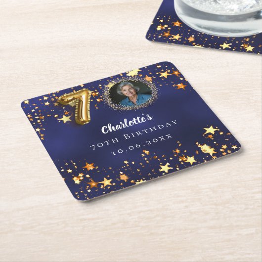 70ste verjaardag marineblauw gouden sterren foto kartonnen onderzetters (Schuin)