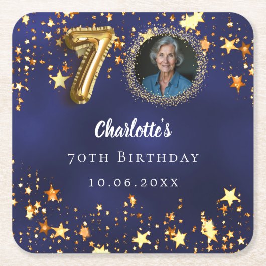70ste verjaardag marineblauw gouden sterren foto kartonnen onderzetters (Voorkant)
