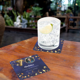 70ste verjaardag marineblauw gouden sterren foto kartonnen onderzetters