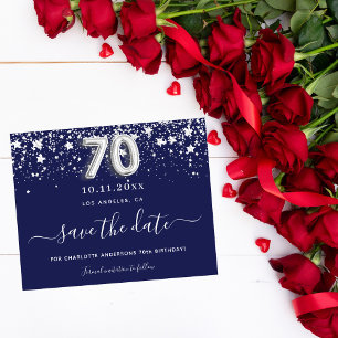 70ste verjaardag marineblauw zilver save date budg flyer