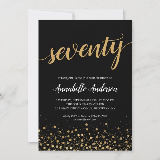 70ste verjaardag Modern zwart goud confetti script Kaart (Voorkant)