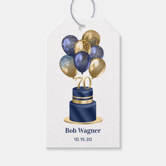 70ste verjaardag Navy Blauwe Ballon Cake Cadeaulabel (Voorkant)