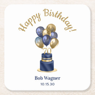 70ste verjaardag Navy Blauwe Ballon Cake Kartonnen Onderzetters