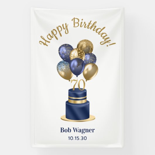 70ste verjaardag Navy Blauwe Ballon Cake Spandoek (Verticaal)