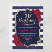 70ste verjaardag - Navy White Stripes en Red Roses Kaart (Voorkant)