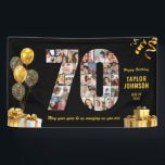 70ste verjaardag Nummer 70 Foto Collage Zwart Goud Spandoek<br><div class="desc">Maak een grote indruk op hun grote dag met deze aangepaste fotocollage-verjaardagsfeestbanner. Verander je favoriete herinneringen in een verbluffende visuele viering. Met een collage van foto's in de vorm van een groot getal, kun je hiermee een leven lang hoogtepunten of de beste momenten van het afgelopen jaar laten zien. Of...</div>
