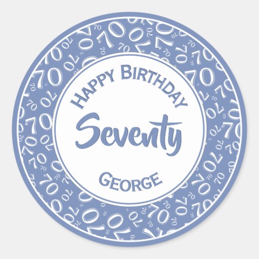 70ste Verjaardag Nummer 70 Patroon Blauw en Wit Ronde Sticker (Voorkant)