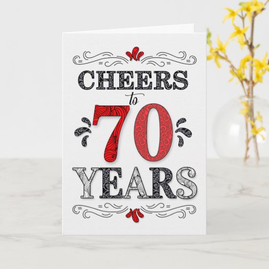 70ste verjaardag Proost in rood wit zwart patroon Kaart (Gele Bloem)