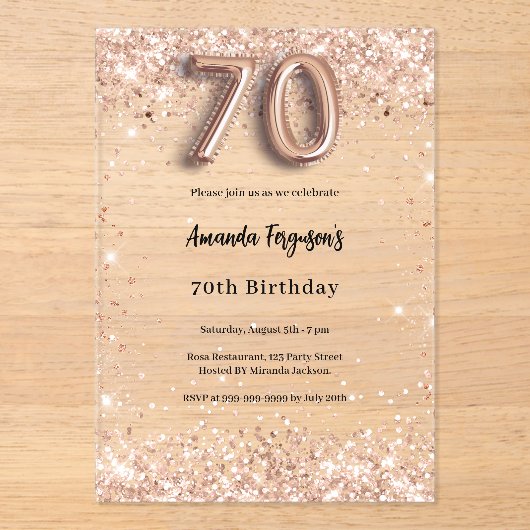 70ste verjaardag roos Gold Clear Party Acryl Uitnodigingen (Voorkant)