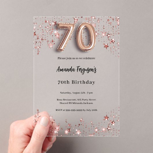 70ste verjaardag roos Gold Stars Clear Party Acryl Uitnodigingen (Insitu (Draagbaar))