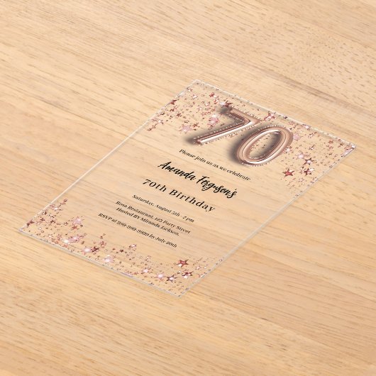 70ste verjaardag roos Gold Stars Clear Party Acryl Uitnodigingen (Laagn)
