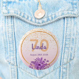 70ste verjaardag roos goud met confetti en bloemen ronde button 5,7 cm