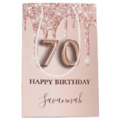 70ste verjaardag roos gouden roze druppels medium cadeauzakje (Voorkant)