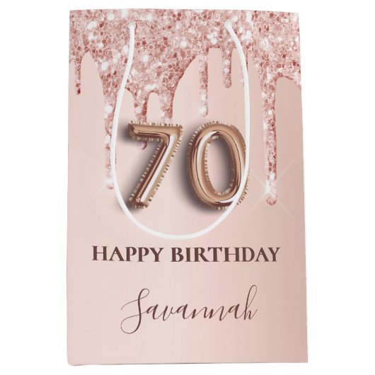 70ste verjaardag roos gouden roze druppels medium cadeauzakje (Voorkant)