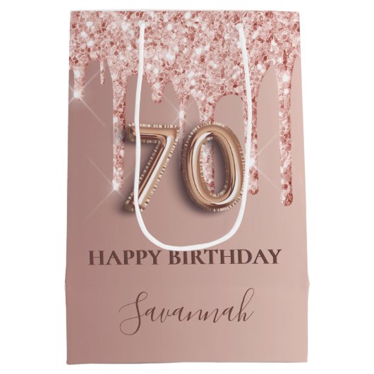 70ste verjaardag roos gouden roze druppels medium cadeauzakje (Achterkant)