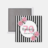 70ste verjaardag roze bloemen zwarte strepen naam magneet (Voorkant / Achterkant)