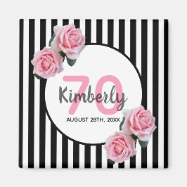 70ste verjaardag roze bloemen zwarte strepen naam magneet