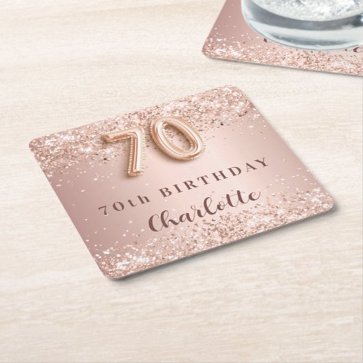 70ste verjaardag roze gouden blush naam kartonnen onderzetters (Schuin)