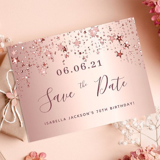 70ste verjaardag roze gouden sterren save the date briefkaart