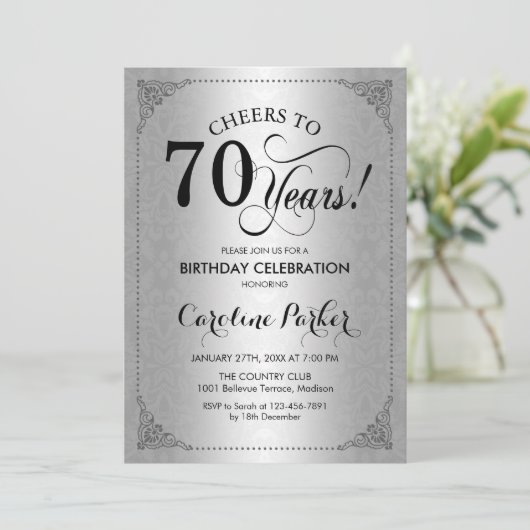 70ste verjaardag - Silver Damask Kaart (Staand voorkant)