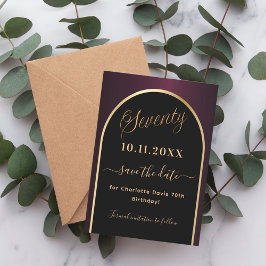 70ste verjaardag zwart bordeauxrood goud boog save the date