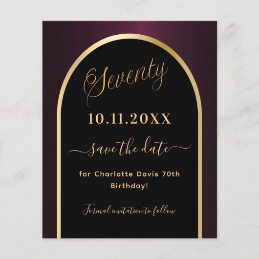 70ste verjaardag zwart bordeauxrood save the date  (Voorkant)