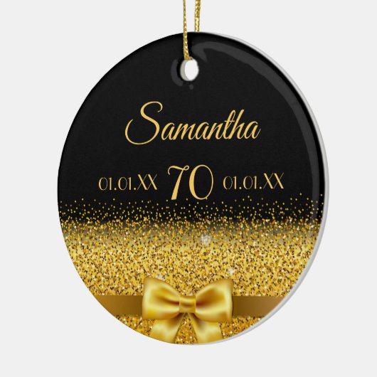 70ste verjaardag zwart goud elegante strik naam keramisch ornament (Links)