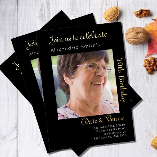 70ste verjaardag Zwart Goud Folie Uitnodiging