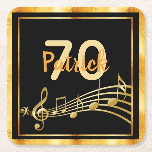 70ste verjaardag zwart goud muzieknoten naam kartonnen onderzetters (Voorkant)
