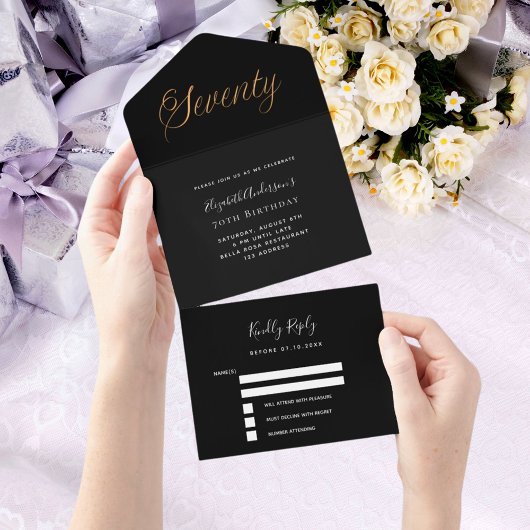 70ste verjaardag zwart goud script RSVP All In One Uitnodiging