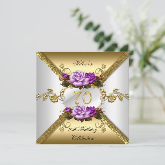 70ste verjaardagsfeest Elegante Paarse Gouden Roze Kaart (Staand voorkant)