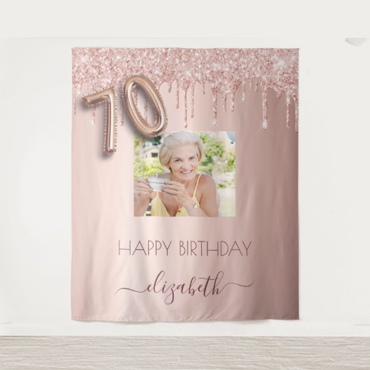 70ste verjaardagsfeest foto roze gouden glitters r wandkleed (Voorkant)
