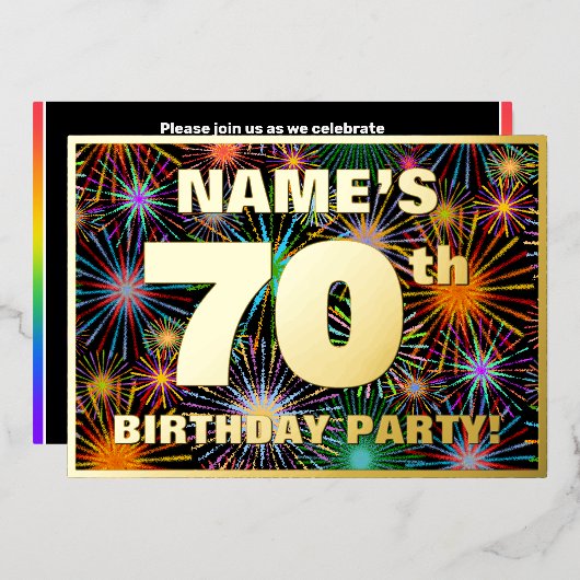 70ste verjaardagsfeest — Pret, Kleurrijke Vuurwerk Folie Uitnodiging (Voorkant / Achterkant)