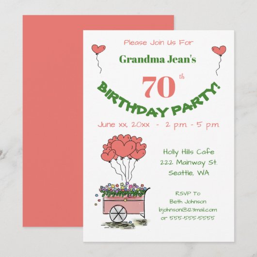70ste verjaardagsfeest uitnodiging - Oma Hartjes (Voorkant / Achterkant)