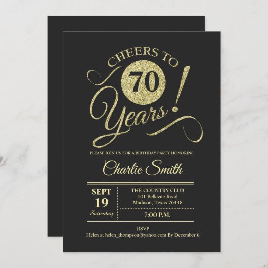 70ste verjaardagsfeestje - Chalkboard Gold Kaart (Voorkant / Achterkant)