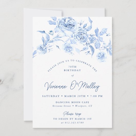 70ste verjaardagsfeestje Dusty Blue Floral Kaart (Voorkant)