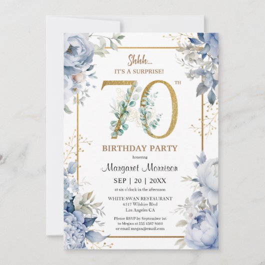 70ste verjaardagsfeestje Elegant Stoffig Blauw Blo Kaart (Voorkant)