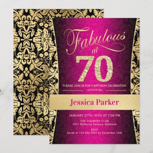 70ste verjaardagsfeestje - Goud Roze Zwart Kaart (Voorkant / Achterkant)