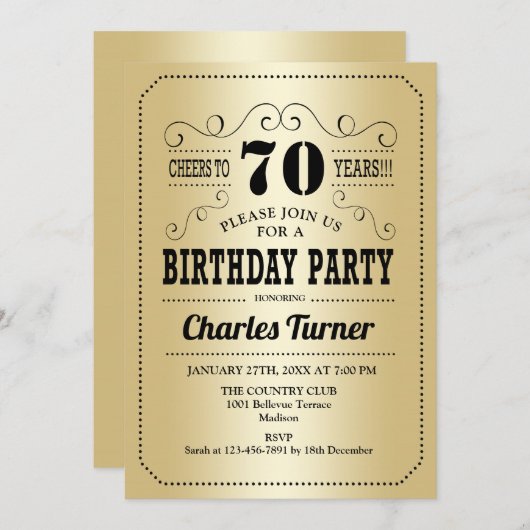 70ste verjaardagsfeestje - Goud Zwart Kaart (Voorkant / Achterkant)