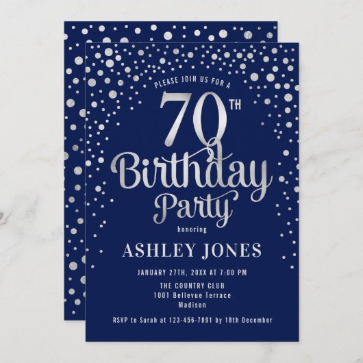 70ste verjaardagsfeestje - Marine & Zilver Kaart (Voorkant / Achterkant)