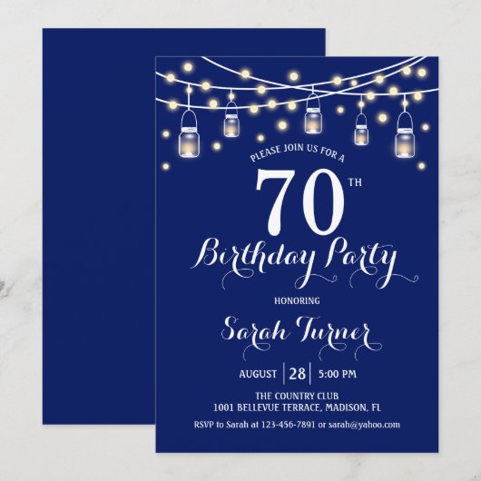 70ste verjaardagsfeestje - Navy Blue Kaart (Voorkant / Achterkant)