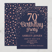 70ste verjaardagsfeestje - Navy & Roos Gold Kaart (Voorkant / Achterkant)