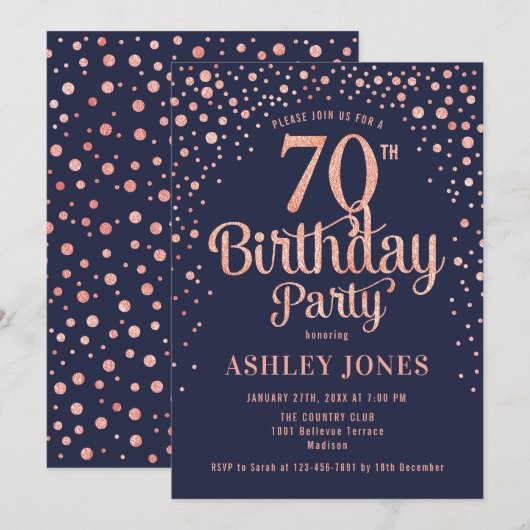 70ste verjaardagsfeestje - Navy & Roos Gold Kaart (Voorkant / Achterkant)