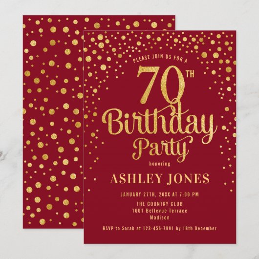 70ste verjaardagsfeestje - rood & goud kaart (Voorkant / Achterkant)