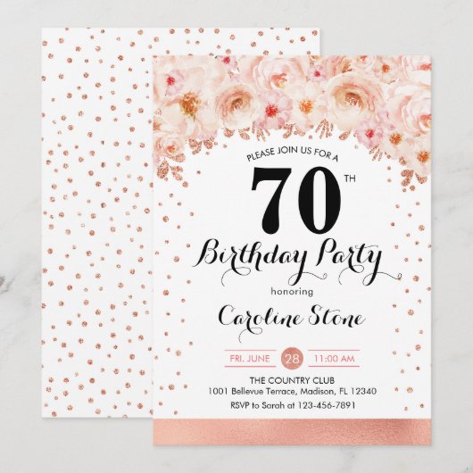 70ste verjaardagsfeestje - Roos Gold Flowers Kaart (Voorkant / Achterkant)