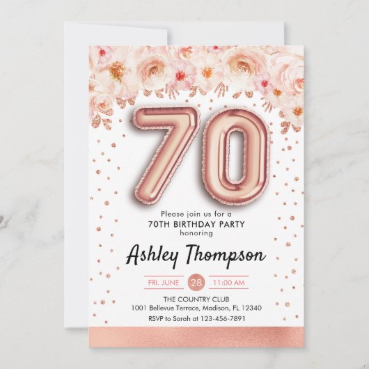 70ste verjaardagsfeestje - Roos gouden ballonnen Kaart (Voorkant)