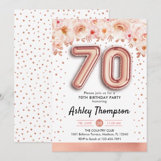 70ste verjaardagsfeestje - Roos gouden ballonnen Kaart (Voorkant / Achterkant)